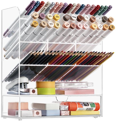 HBlife Acrylic Pen Desk Organizer with Drawer, Clear Vertical Marker Organizer with 11 Compartments, Angled Large Stationary Pencil Display Holder, Art Supplies Organizer for Desk, School and Home