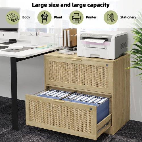 HOPUBUY 2 Drawer File Cabinet with Lock, Printer Stand Lateral Filing Cabinets for Home Office and School, Wood Rattan File Cabinet for Hanging Files/Letter/Legal/A4/F4 Size, Oak