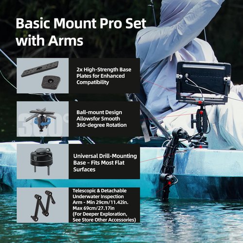HITORHIKE Universal Fish Finder Mount for Kayak-with Transducer Arm Options,Ball Base,Dual Plates, Fits 9" Electronics,Compatible with Garmin/Lowrance/Humminbird(Basic Mount Pro Set with Arms)