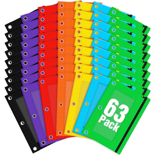 Officygnet 63 Pcs Pencil Pouch for 3 Ring Binder, Bulk Pencil Case Pouch with Clear Window, Pencil Bags with Smooth Zipper, Pencil Pouch for School Office Classroom Supplies(7 Color)