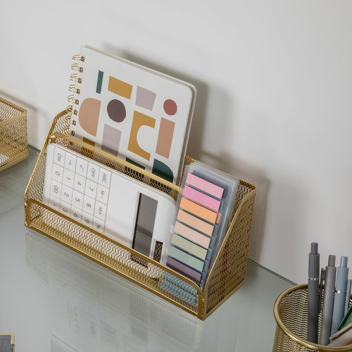 Martha Stewart Ryder Gold Mesh Metal 6 Piece Set Desktop Organizers and Accessories, Holds Files, Magazines, Letters, Pens, Sticky Notes and Business Cards