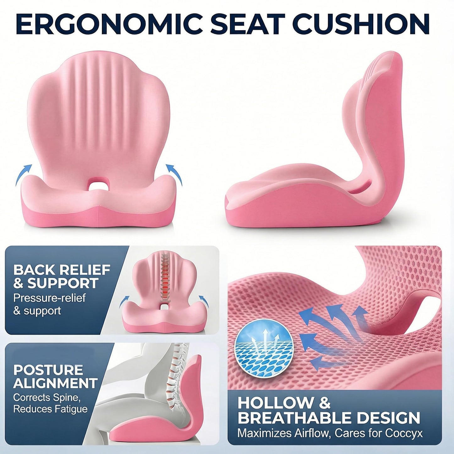 Ergonomic Seat Memory Foam Support Cushion for Back, Car Seat Back Support Cushion for Sciatica Tailbone Pain, Office Desk Chair Car Travel Seat Cushion (Pink)