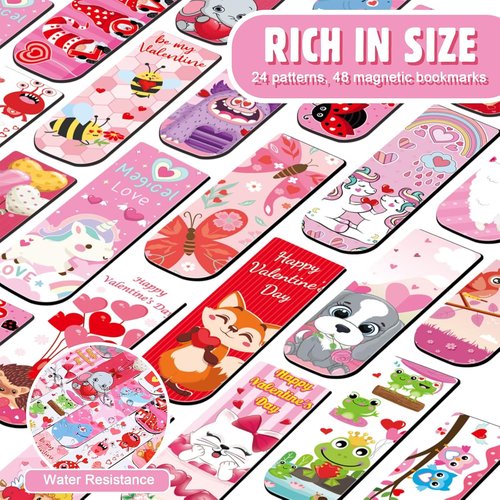 Honoson 48-Piece Valentine’s Day Magnetic Bookmark Set | Fun Page Markers & Clips for Kids, 24 Unique Designs