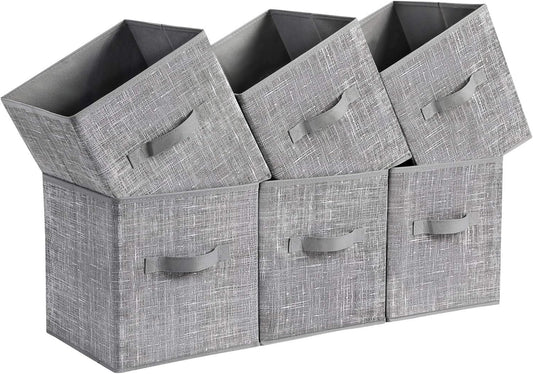 SONGMICS Storage Cubes - 11-Inch Non-Woven Fabric Bins with Double Handles - Set of 6 in Cattail Gray for Closet Organization