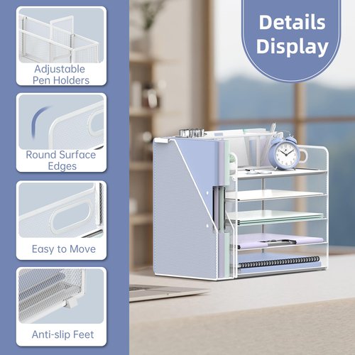SUPEASY Desk Organizer with File Holder, 5 Tier Desktop File Organizer with 3 Pen Holders, Paper Letter Tray for Office Home Organization & Storage, Mesh Desk Accessories & Supplies, White