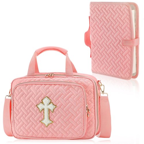 Large Bible Bag with Cover Case for Women - Bible Study Supplies Including Separate Book Cover/Pen Slots/Shoulder Strap, Cross Journaling Kit Christian Gifts for Church Lady Girls (Pink)