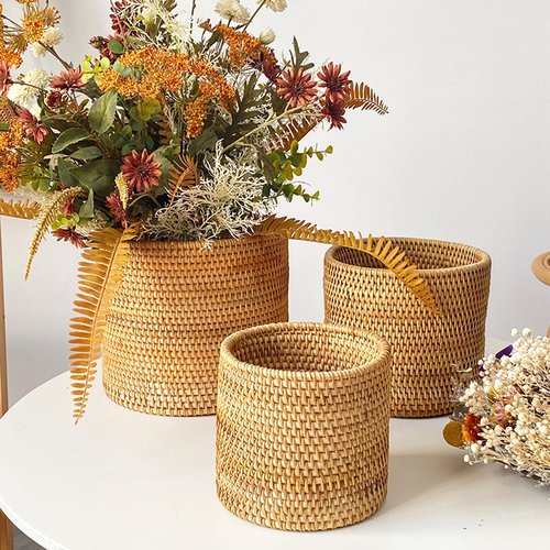 I-LAN Natural Rattan Bread Basket Barrel,Rattan Decor Dried Flower Artificial Greenery Plants Holder,Wicker Flower Pot Cover for Indoor Planter,Rattan Desk Waste Basket,9.5"x9.5"x8.3"