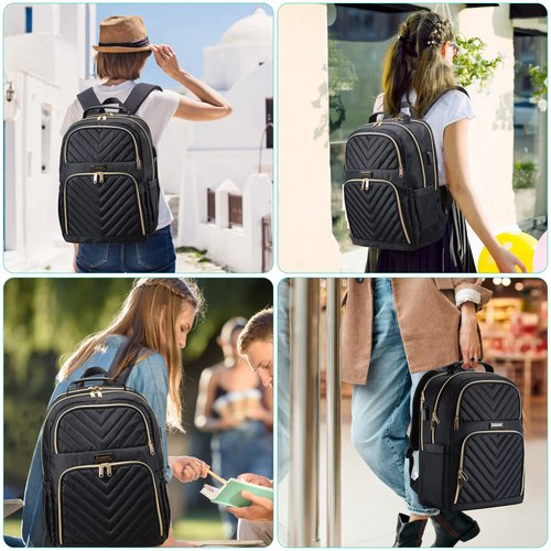 Kuosdaz Backpack for Women, 17.3 Inch Large School Backpack, Girls Bookbag with USB Charging Port, Work Travel Laptop Back Pack Purse Casual Daypacks, Black