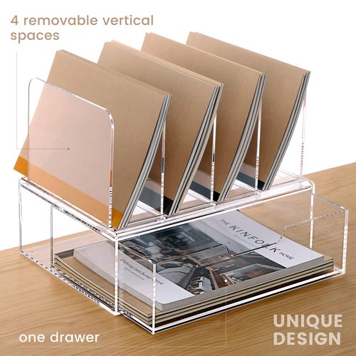 DINGHUO Acrylic Desk Organizer, 4 Sections Upright Sorter Desk Accessories Paper File Organizer with Drawer Letter Tray, Clear Office Supplies - 1 Pack