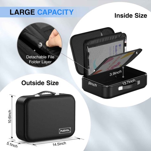FUZVOL Fireproof Document Box Hard Case Fire Proof Safe with Lock Important Document Organizer Hard-Shell Design Waterproof Portable File Organizer for Certificates Valuables Storage, Black