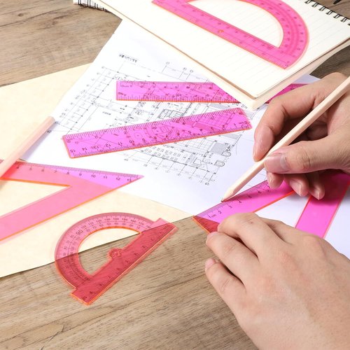 Skiennix 6-Piece Plastic Ruler Set - Includes 12" & 6" Rulers, Protractors, & Triangle Rulers | Pink Geometry Tools for School & Office