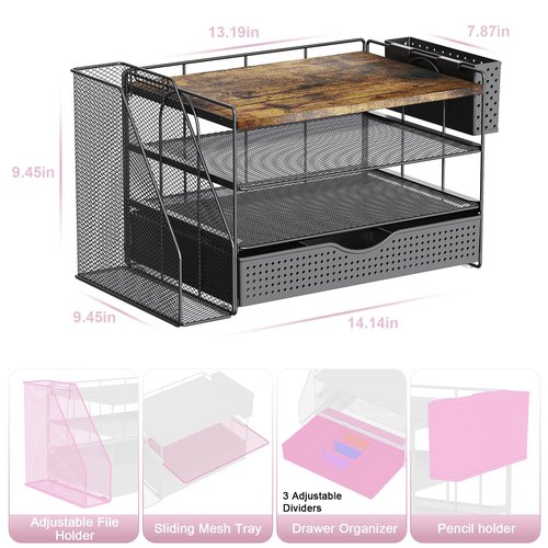 Wood Desk Organizers and Accessories with File Holder, 4-Tier Desk Accessories & Workspace Organizers with Drawer and Pen Holder, Paper Organizer for Office Supplies (Wood)