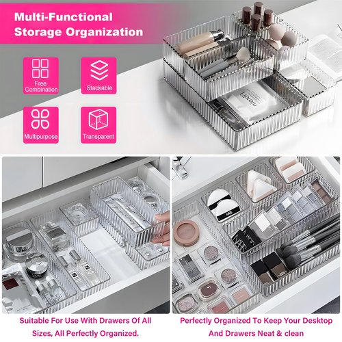 VEYGON 11PCS Water Ripple Claer Organizers Bins, Acrylic Vanity Plastic Drawer Organizer Trays, 4Size Stackable Makeup and Bathroom Drawer Storage Containers for Cosmetic, Office Supply, Kitchen