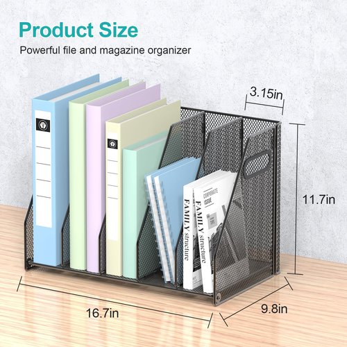 VEESUN Desk File Organizer, 5 Vertical Compartments Metal Magazine and Binder Holder, Office Home School Desktop Organizer, Black