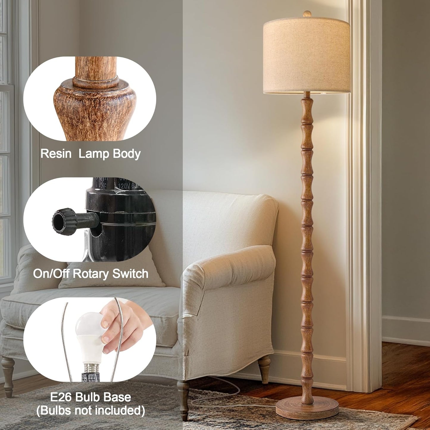 BOBOMOMO Rustic 62" Floor Lamp - Retro Farmhouse Design with Rotary Switch for Living Room & Bedroom