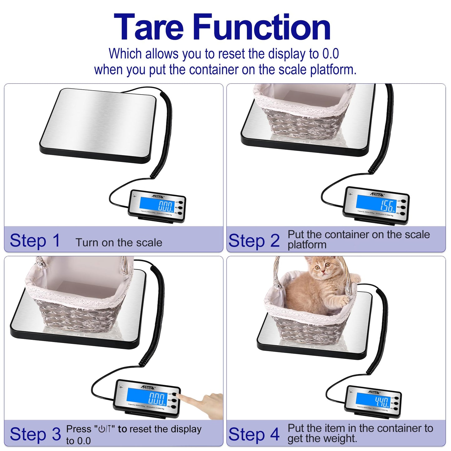 ACTECK Digital Shipping Postal Scale, 460 lb x1oz High Accuracy with Stainless Steel Platform, LCD Backlight, Four Reading Modes, Tare/Hold Function, Battery AC Adapter Incuded