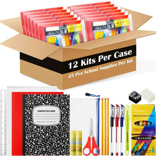 AmazingSpark 12 Sets Back to School Supplies Kit for Students Grade 7-12 Donation Kits Back to School Supplies Bundle Essentials Includes Folder Highlighters Crayons Notebooks Scissors and More