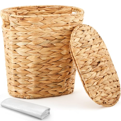 Ctosree 3 Gallons Small Wicker Trash Can with Lid Handle Woven Wicker Rattan Bathroom Waste Basket Boho Trash Basket with 100 Plastic Garbage Bags for Bedroom Office Laundry (Oval Style)