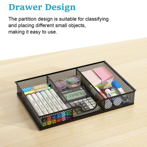 bukfen Office Desk Organizer with Upright File Holder, 2-Tier Office Desktop Shelf and one Sliding Drawer, Desk File Organizer and Storage Multi-Functional for School, Home,Black