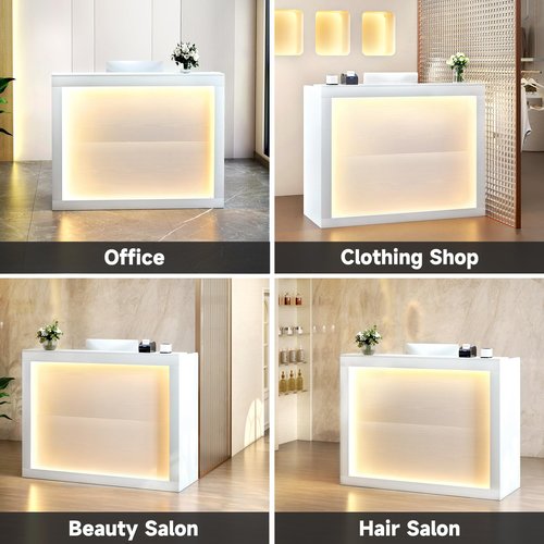 TC-HOMENY Reception Desk with LED Lights, 55'' Retail Counter Modern with Storage Shelves and Cable Grommet, Front Table, Salon Desk, Office Table,White