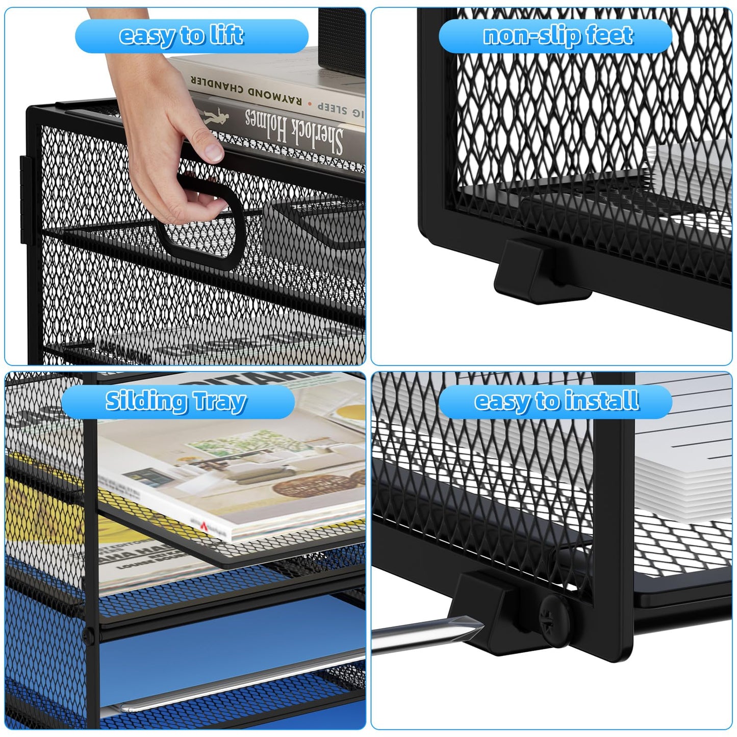 Lavatino 12 Compartments Paper Organizer for Desk, Mesh Literature Organizer, Mail File Sorter Tray with Handle, Desktop Mailbox for Office Classroom Home, Black