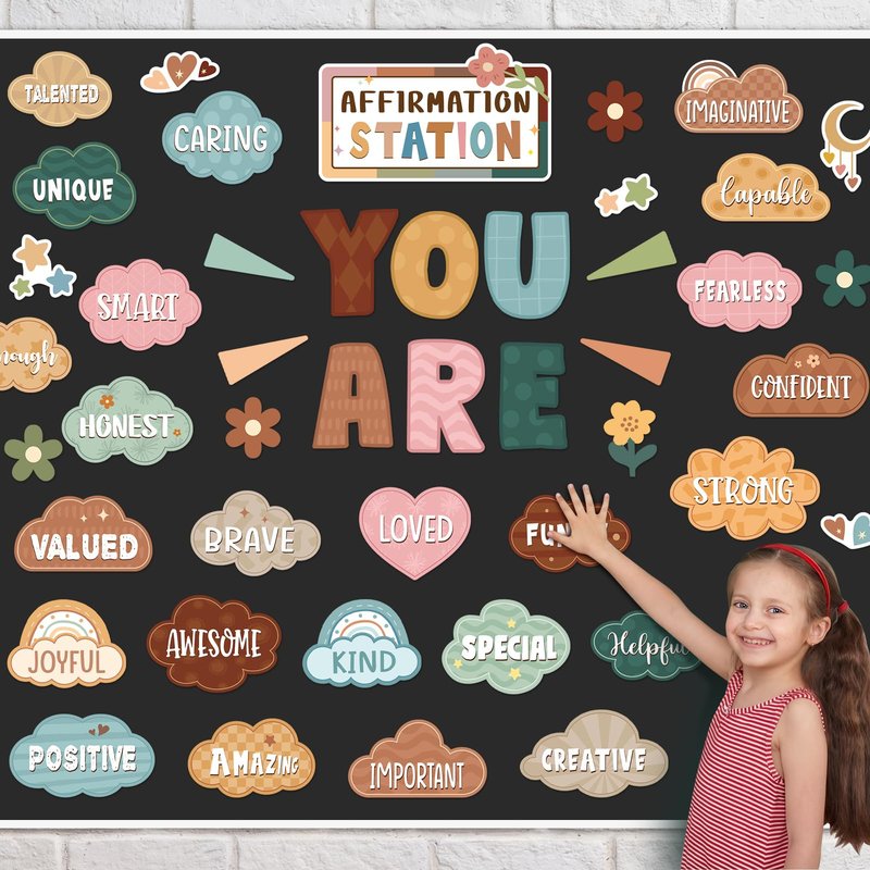 Weekgrat 45pcs Classic Boho Bulletin Board Set Motivational Posters Classroom Mirror Growth Mindset Decor Positive Affirmations Accents Cutouts for School Office Home Teacher Wall