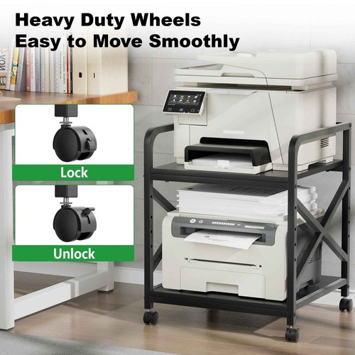 Ollieroo 2 Tier Printer Stand with Storage Shelf, Printer Table with Height Adjustable Top Shelf, Under Desk Storage Printer Cart for Paper Shredder Scanner, 3D Printer Stand for Home Office(Black)
