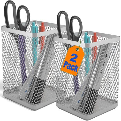 1InTheHome Large Pen Holder, Big Tall Pencil Cup, Silver Wire Mesh ''2 Pack''