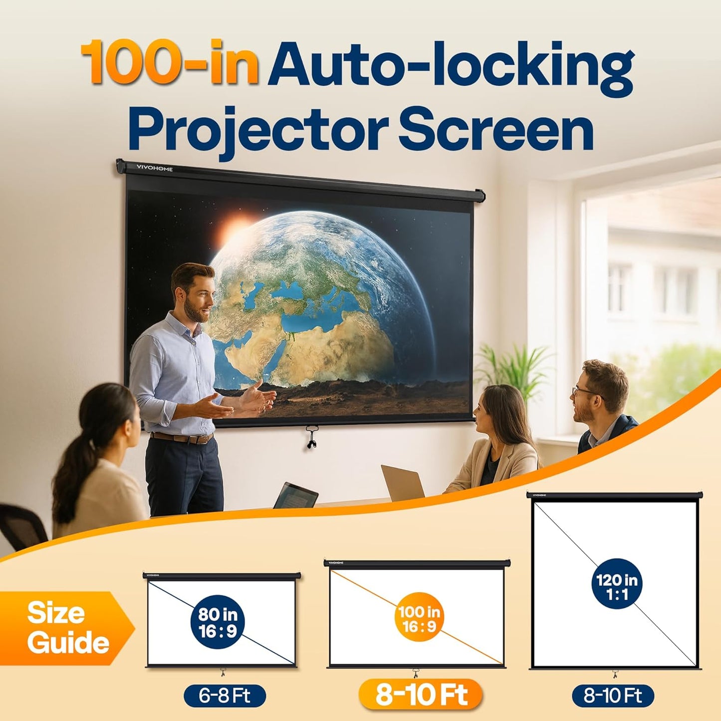 VIVOHOME 100 Inch Pull Down Projector Screen - HD 4K Retractable Movie Screen for Home Theater | Manual with Auto Locking (87W x 49H Inch Display)