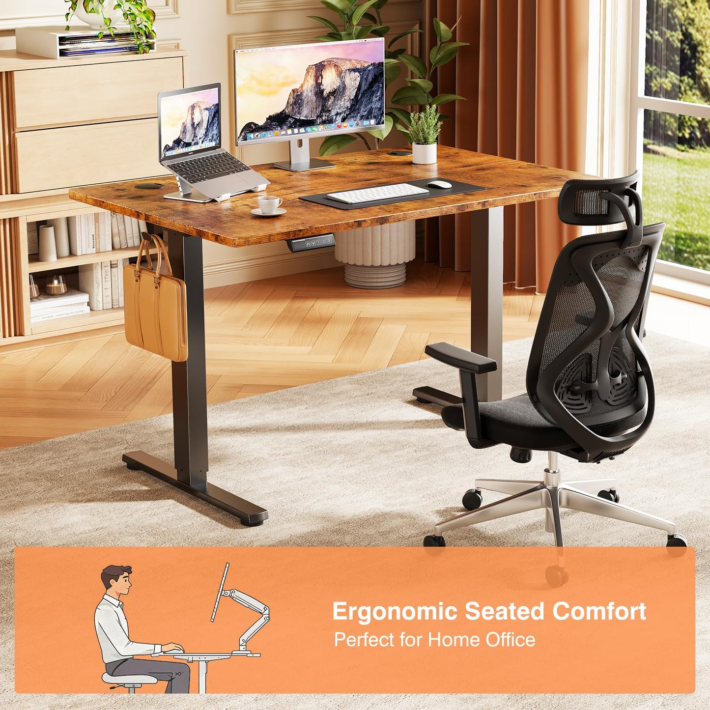 Sweetcrispy Electric Standing Desk Adjustable Height, 40x24 Inch Sit Stand Up Home Office Desks Computer Workstation PC Work Table with 3 Memory Preset Splice Wood Board Metal Frame, Rustic