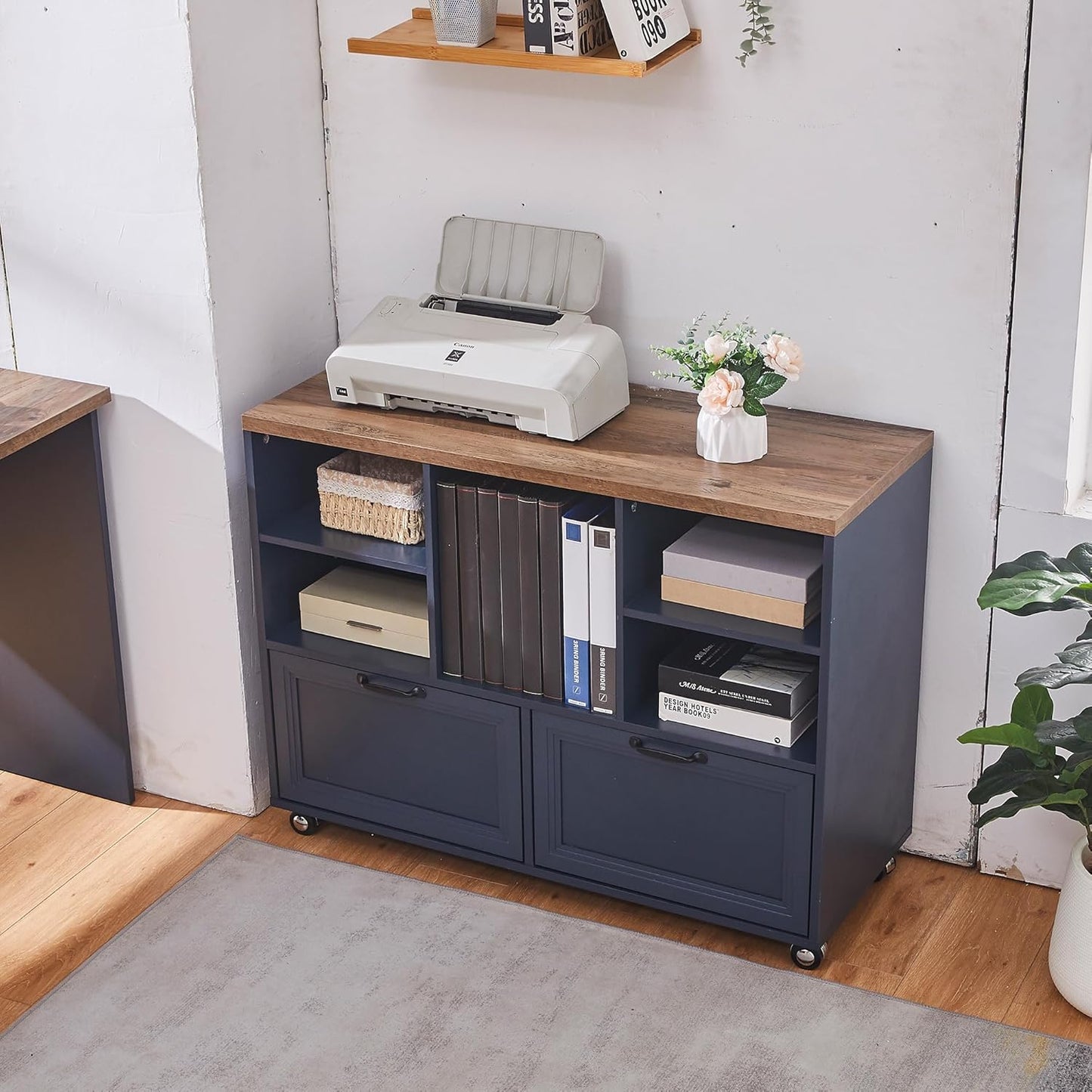 Skiennix Farmhouse Wood File Cabinet - Rolling Storage with 2 Drawers for Legal/Letter/A4 Size (Blue)