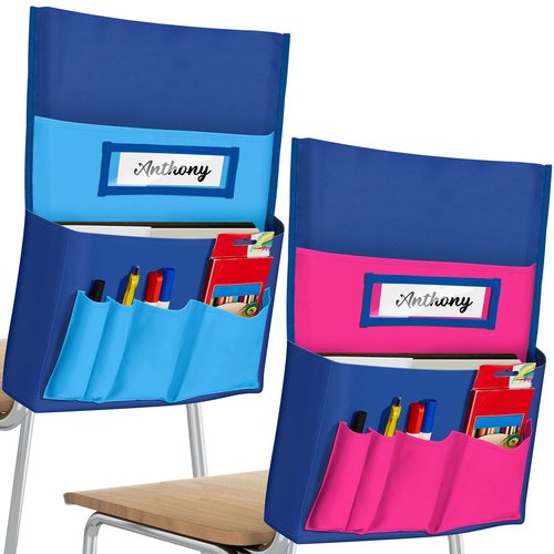 Lewtemi 2 Pcs Desk Chair Seat Back Organizer with 5 Pockets Chair Pockets for Classrooms School Seat Chair Storage Pocket Chart with Name Label Slot for Home Office, 18 x 19 Inch(Blue, Rose Red)