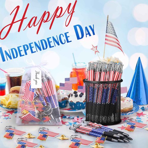 Qilery 400 Pcs Veterans Day Style American Flag Lapel Pins Ballpoint Pen Independence Day Flag Keychains Thank You Card Organza Gift Bag for Home Office 4th of July Party Supplies