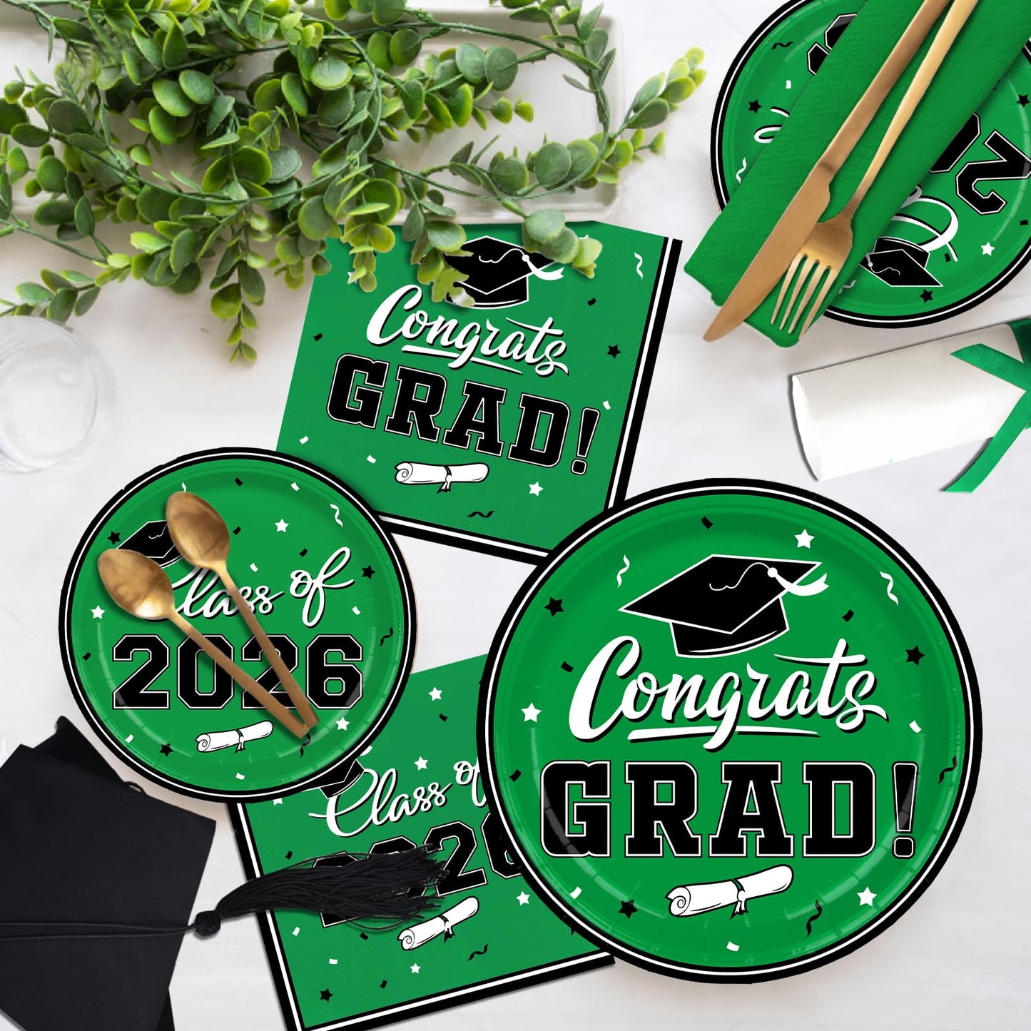Graduation Party Plates and Napkins Gatherfun 2026 Graduation Party Supplies Green Disposable Paper Plates Luncheon Napkins Cocktail Napkins for Congrats Grad Party Decorations, Serve 50