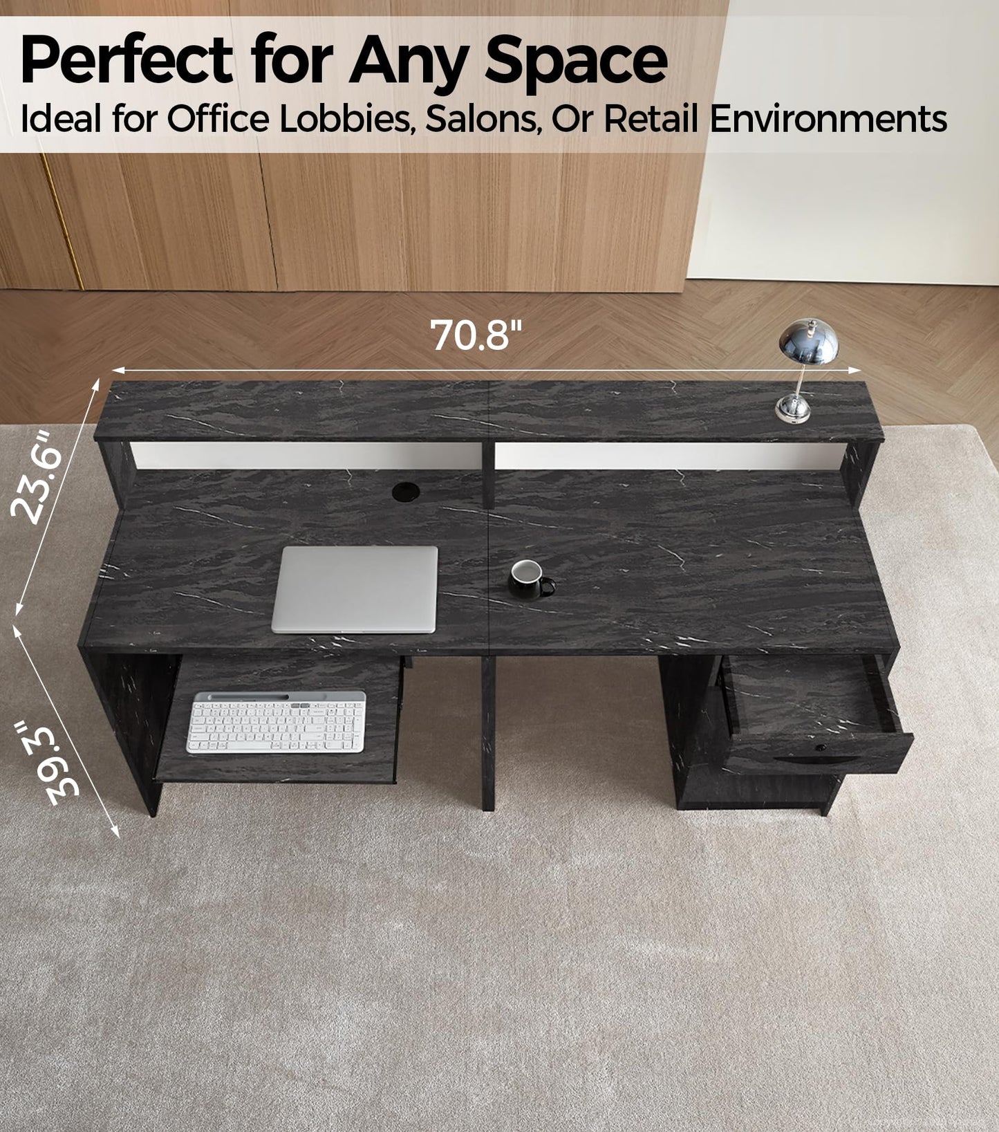 Anzhap 71" Reception Desk with LED Lights & Keyboard Tray, Front Desk Reception Counter with Lockable Drawer, Enclosed Cabinet & Cable Grommet for Office, Salon, Clinic, Lobby (Black Grain & White)