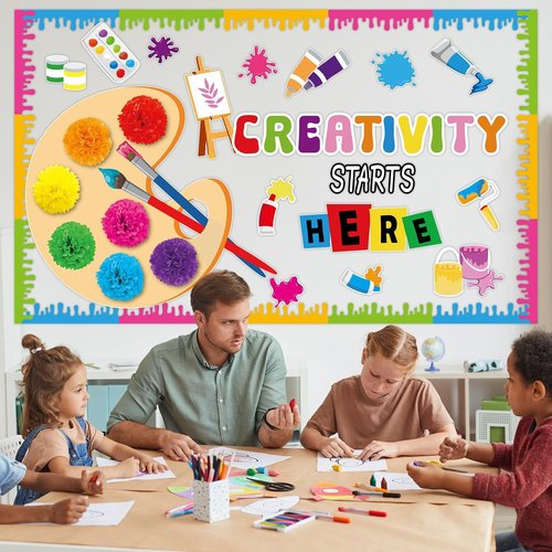 Art Paint Classroom Bulletin Board Decorations Artist Painting Cutouts with Paper Pom Poms Creativity Starts Here Cutouts for Student Teacher Wall Chalkboard Decor Back to School Supplies
