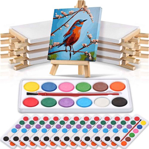 Teling 24 Set Mini Canvas Easel Set 4 x 4 Inch Art Canvases Painting Kit for Kids Birthday Gifts Art Party Supplies Gifts