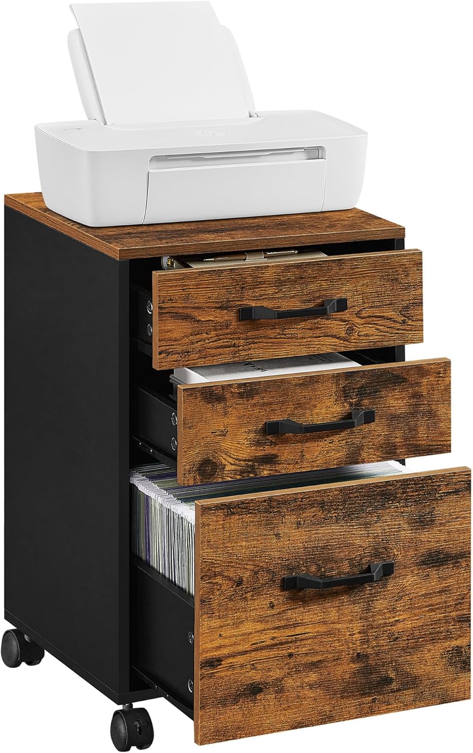 VASAGLE File Cabinet - 3-Drawer Home Office Storage with Wheels | Rustic Brown & Ink Black Finish