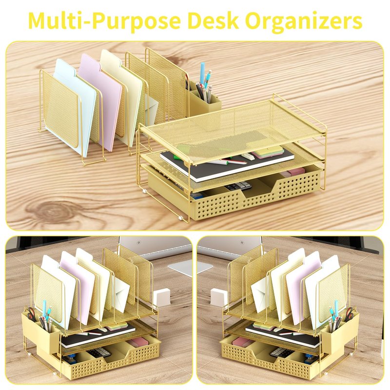LEKETREE Gold Desk Organizer, Office Organization with Vertical File Holder, File Organizer with Drawer and Pen Holder, Desk Accessories and Workspace Organizers for Home Office (Gold)