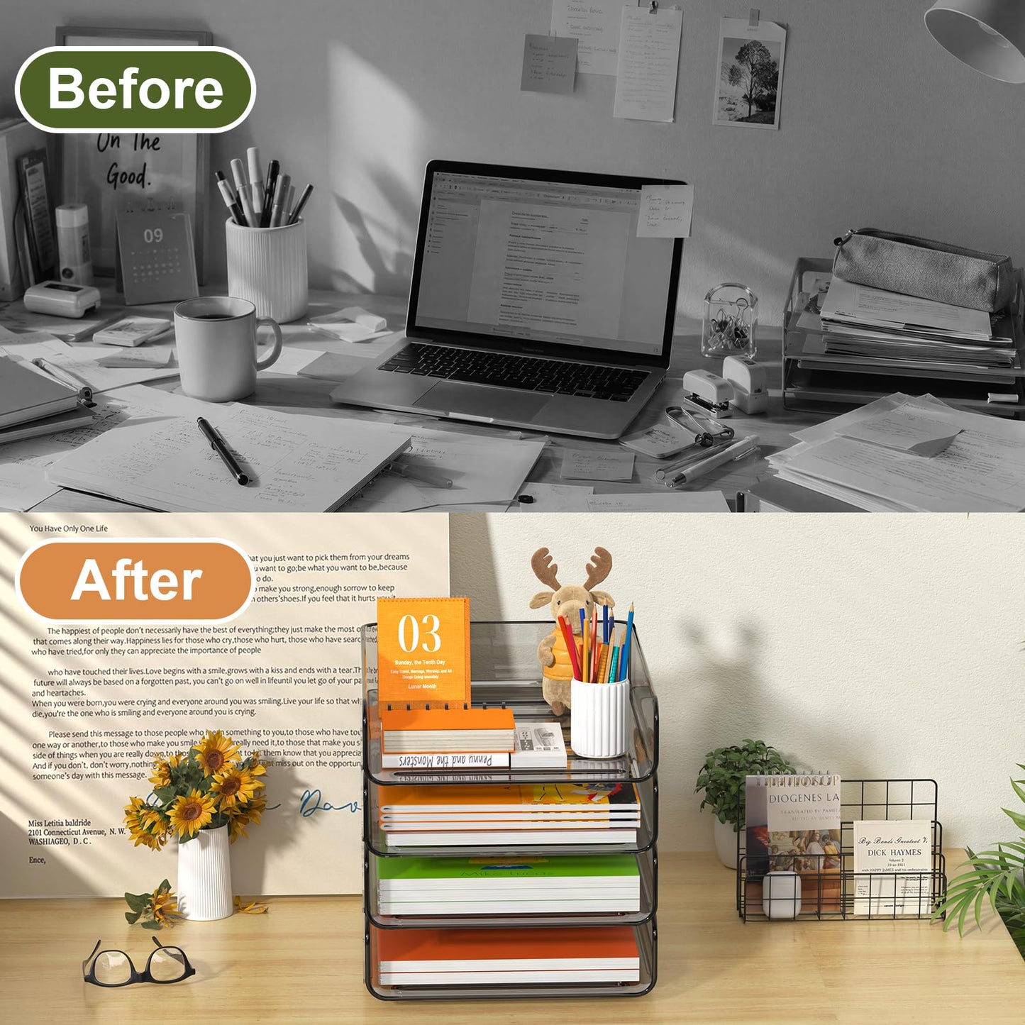FANXIYQ 4-Tier Acrylic Paper Tray Organizer, Smoked Brown Stackable Desk File Organizer for Documents, Files, Letters, A4 Paper, Books, Notes, Mail & Paper Storage, Office Classroom Home