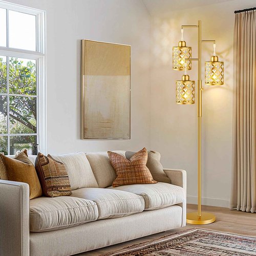 GHOOCEMLUX 68" Dimmable Floor Lamp, Modern Standing Lamp with Elegant Metal Cage, Industrial Tall Tree Floor Lamps for Living Room, Bedroom, Study Room, Office (2000LM LED Bulbs Included) - Gold