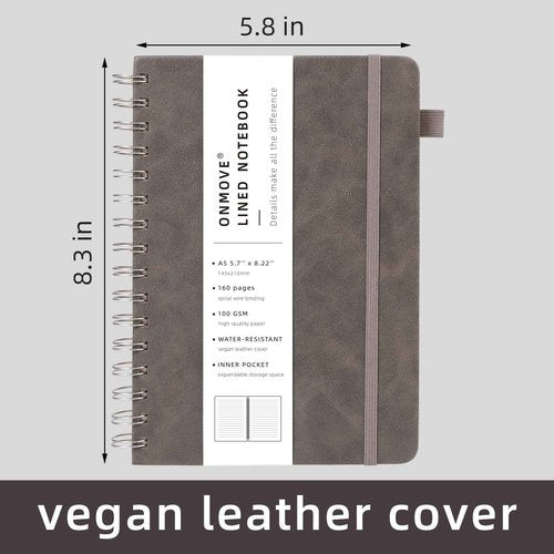OnMove Spiral Notebooks Journal for Women Men 24 Pack Bulk Leather Hardcover with Pen Holder A5 160 Pages 100 GSM Thick Paper for Work School (Gray)