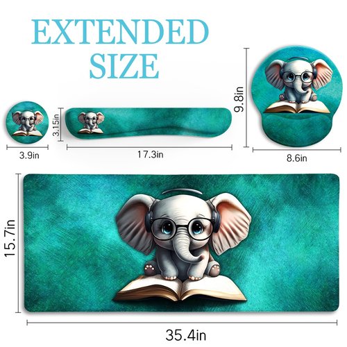 LIMKRIAN Desk Mat Pad, Large Gaming Mouse Pad with Wrist Rest Wrist Support, Ergonomic Mouse Pad Keyboard Mat Wrist Rest, Cup Coaster, Home Office Desk Accessories Decor Supplies, Cute Elephant