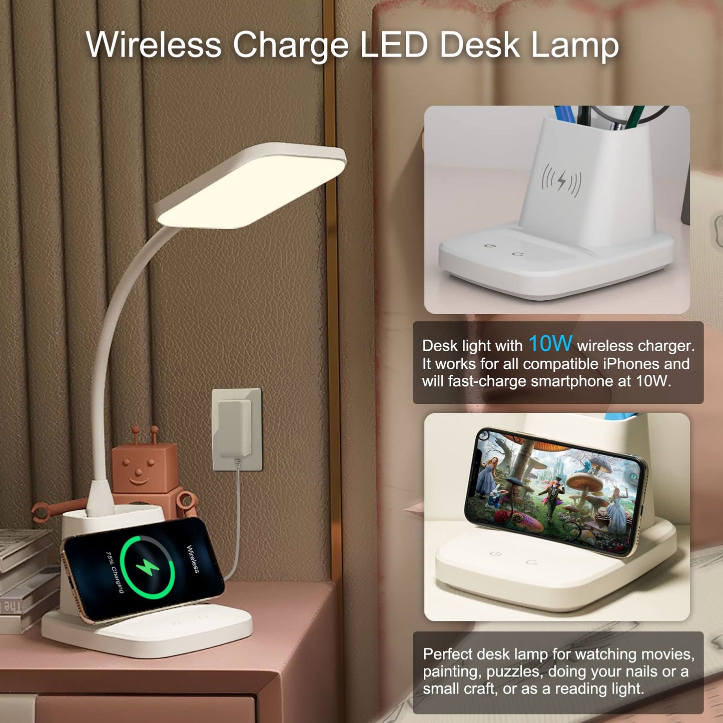 Sailstar Upgraded LED Desk Lamp with Wireless Charger, White Small Desk Light with Pen Holder, 3 Color Modes, CRI 85, 800 Lumen, Study Lamps for College Dorm Room, Home Office, Adapter Included