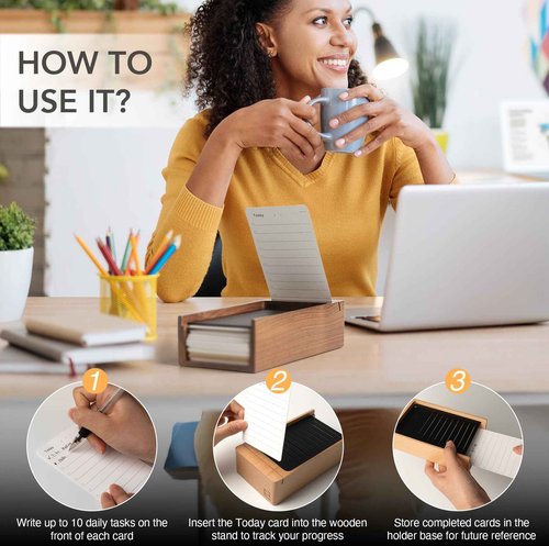 Daily To Do List Planner, 150 Checklist Cards with Walnut Stand, Reusable Productivity Index Card Organizer for Work Office School, with Portable Card Storage Holster, 6.7x3.5 Inches