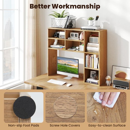 Giantex Desktop Bookshelf, Desk Hutch Dorm w/ 7 Cubes & 3 Adjustable Shelves, Desk Shelf for Up to 27" Computer Monitors, Wooden Desktop Storage Organizer for Dorm College Office Homem, Natural