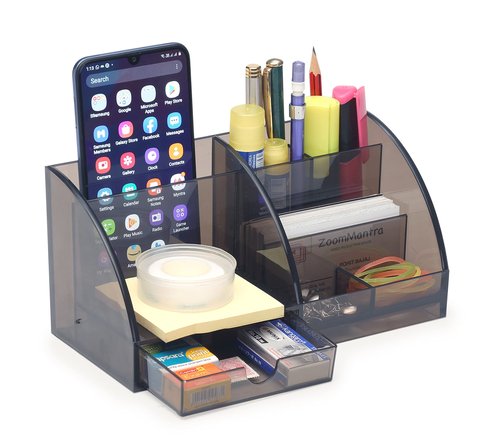 Udgamy Desk Organiser, Smoky Black, Pen Stand, 7 Compartment Stationary Organizer (21 cm x 9.5 cm x 10 cm)