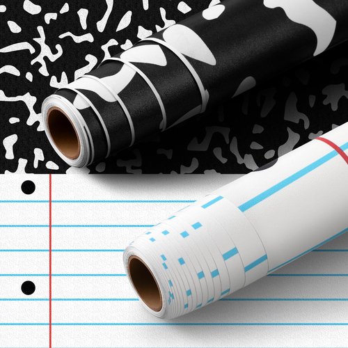 Drydiet 2 Pack Composition Notebook Peel and Stick Wallpaper Roll 1.4x10 ft Waterproof Black and White Classroom Decor, Bulletin Board Backing, Dry Erase Contact Paper for School, Office, Home
