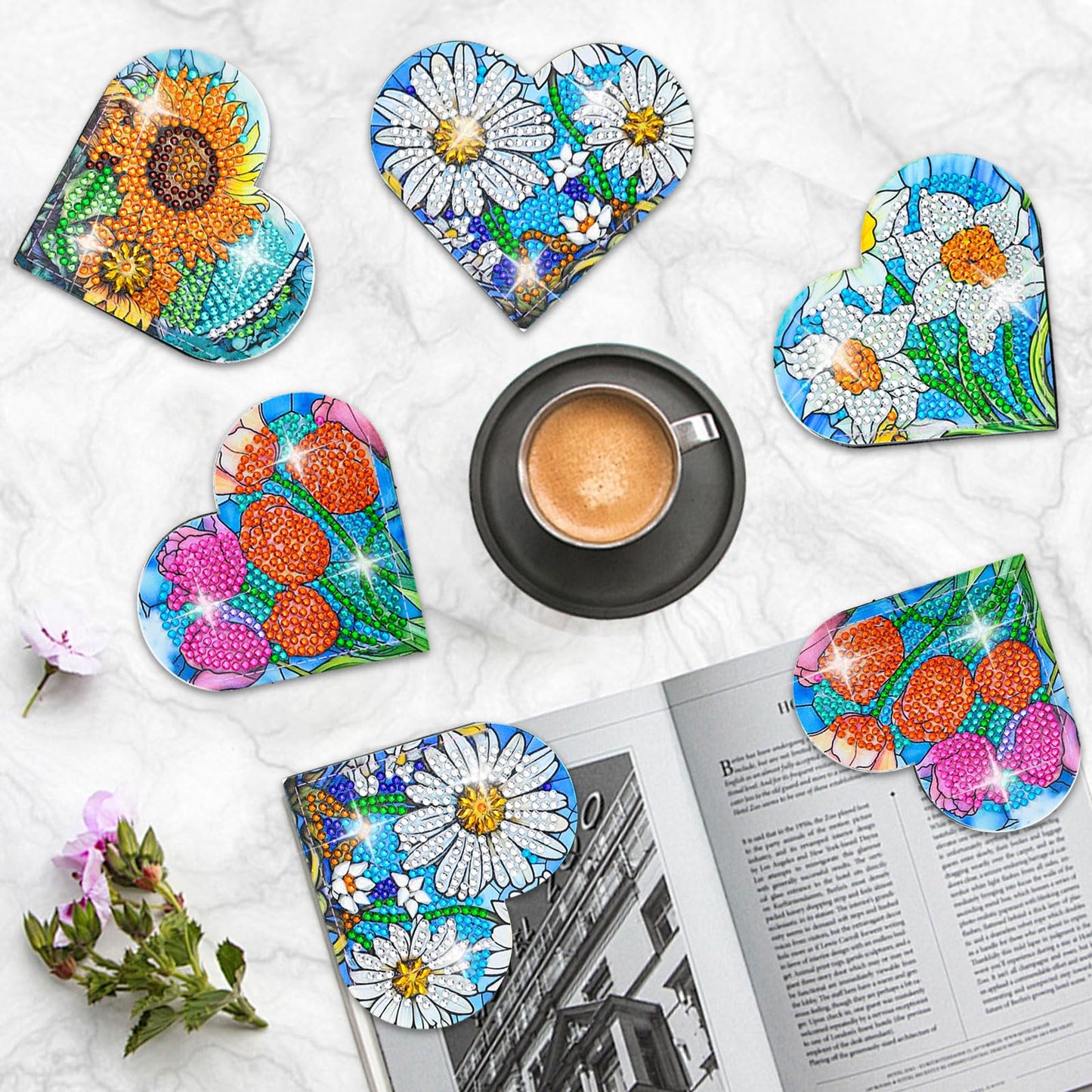 LINGFANG 4 Pcs Diamond Painting Bookmark, DIY Corner Book Makers for Adults Book Lovers, Diamond Dot Art Beginners, Small Diamond Art Kits, Paint by Art Crafts Gift for Women Girls (Heart Flower)