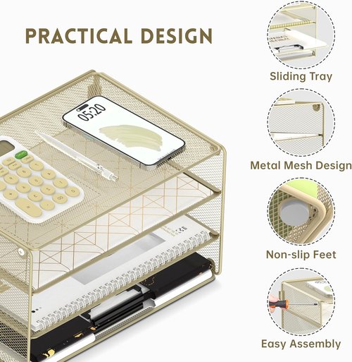 DALTACK 3-Tier Letter Tray - Stylish Mesh Metal Desk Organizer for A4 Paper, Mail & Bills - Yellow